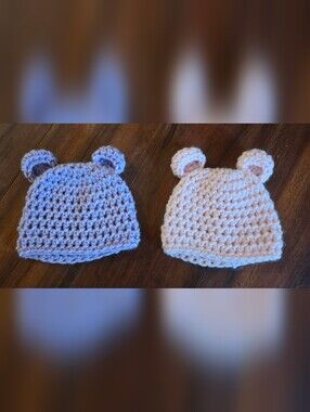 (2) Baby Girl's Handmade Baby Bear Crocheted Pink & Purple Hats